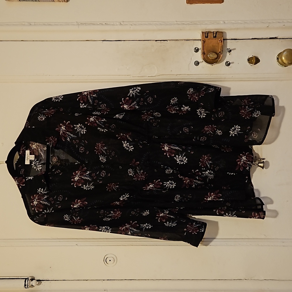 Transparent black floral button down blouse